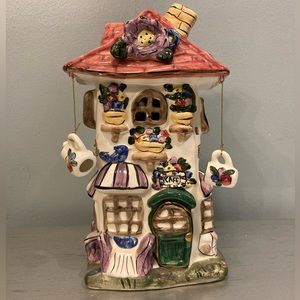 Elements ceramic Tea light house “cafe” with hanging teapot and cup accent